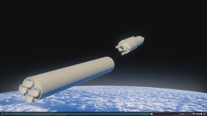 Una simulación por computador del vehículo hipersónico Avangard con una nueva ojiva hipersónica deslizante que se separa de un cohete en el video presentado por Vladimir Putin, presidente de Rusia.&nbsp;