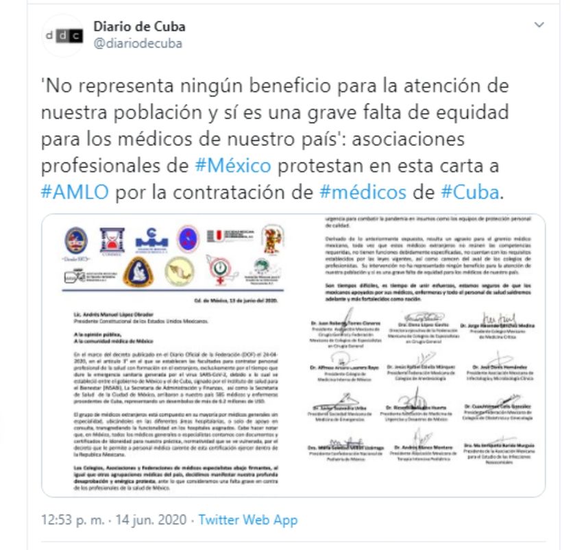 Mensaje publicado en las redes sociales con la carta enviada por las distintas asociaciones médicas de México. 