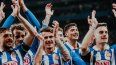 Jugadores del Espanyol celebran el triunfo sobre el Real Madrid 