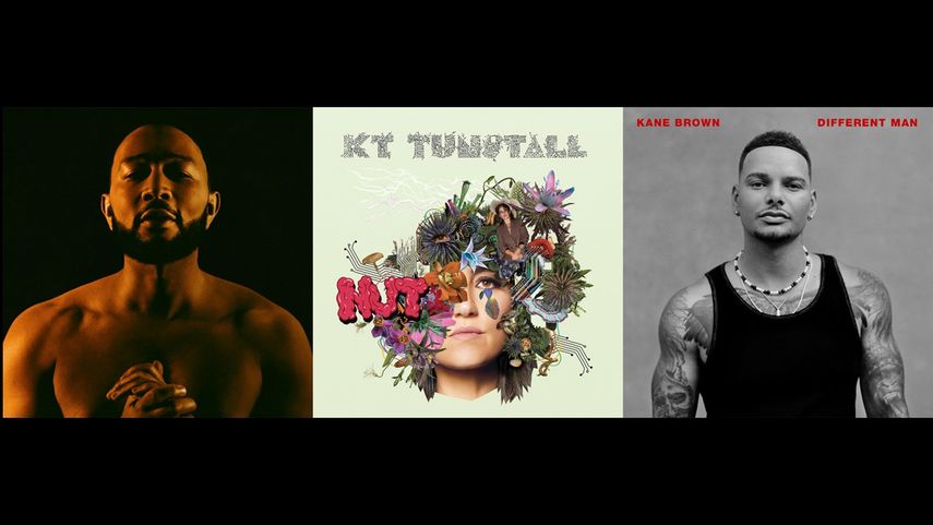 En esta combinación de fotografías la portada del álbum doble Legend, de John Legend; Nut, de KT Tunstall; y Different Man, de Kane Brown.