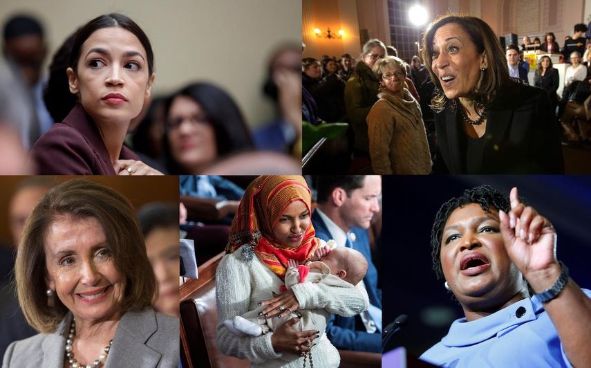 Alexandria&nbsp;Ocasio-Cortez&nbsp;(i-arriba), Kamala Harris (d-arriba), Nancy Pelosi (d-abajo), Ilhan Omar (c-abajo), Stacey Abrams (d-abajo).&nbsp;&nbsp;