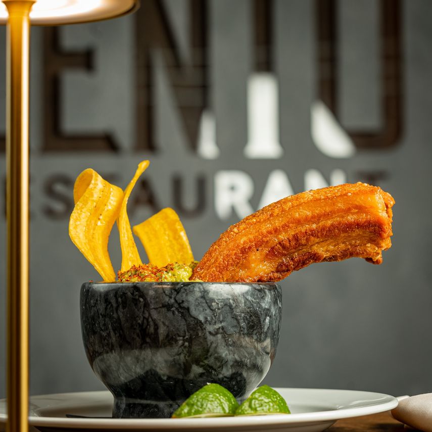 Guacamole and pork belly crunch.