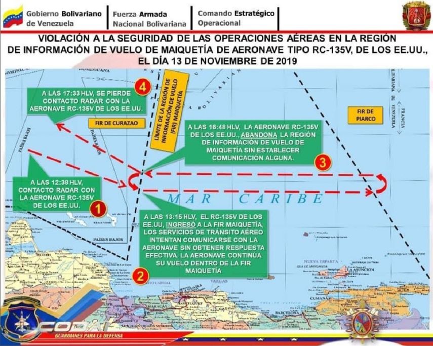 Imagen del supuesto recorrido del avi&oacute;n estadounidense captado por los radares de la Fuerza Armada venezolana, seg&uacute;n ha denunciado el r&eacute;gimen. &nbsp;