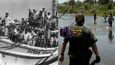 Una foto de archivo del éxodo del Mariel, a la izquierda, junto a una foto de un policía vigilando el cruce de México a EEUU por el río Bravo.&nbsp;