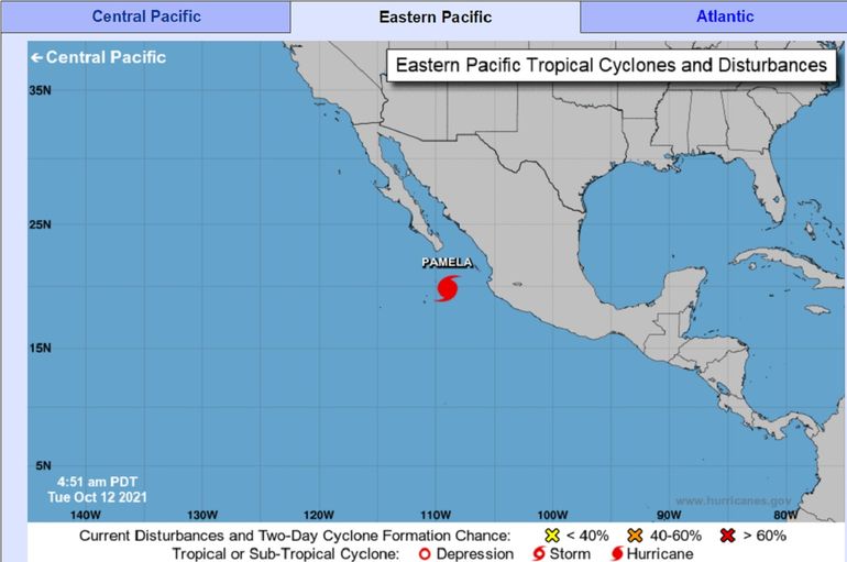 Imagen de la Oficina Nacional de Administración Oceánica y Atmosférica de Estados Unidos (NOAA, por sus siglas en inglés), muestra la ubicación de la tormenta tropical Pamela, en el Pacífico mexicano.