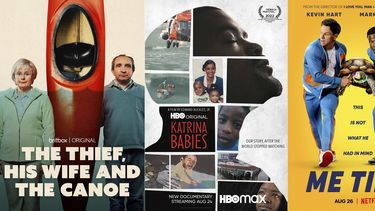 En esta combinación de fotografías, el arte promocional de The Thief, His Wife & The Canoe una miniserie que se estrena el 23 de agosto en BritBox, izquierda, Katrina Babies, un documental que se estrena el 24 de agosto en HBO y HBO Max, centro, y Me Time, una película de comedia que se estrena el 26 de agosto en Netflix.