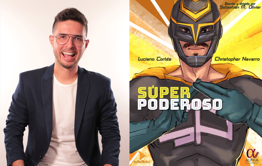 Collage con las fotos del director Sebastián Marcano Olivier, y el poster del cortometraje Súper Poderoso.&nbsp;
