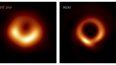 Esta combinación de imágenes de la investigadora Lia Medeiros muestra imágenes del agujero negro M87 distribuida en 2018, izquierda, y actualizada en 2023. La nueva versión, publicada el jueves 13 de abril de 2023 en la revista especializada Astrophysical Journal Letters, mantiene la forma original, pero con un aro más delgado y resolución más nítida. Aún con el trabajo colaborativo de muchos telescopios, quedan brechas en los datos. En el estudio más reciente, los científicos usaron los mismos datos y llenaron las piezas faltantes con inteligencia artificial.&nbsp;
