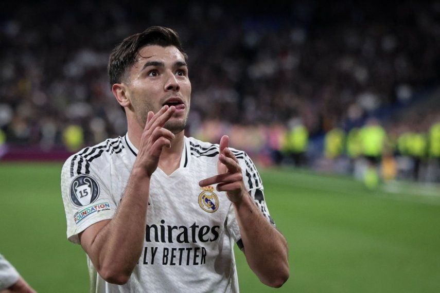 El delantero marroquí Brahim Díaz, del Real Madrid, celebra luego de anotar el segundo gol de su equipo en un partido contra el Atlético de Madrid, el 4 de marzo de 2025.