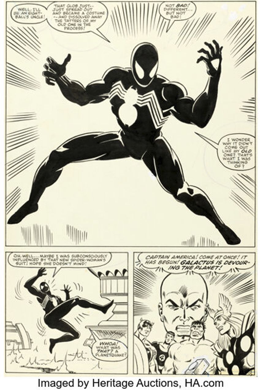 Esta imagen cortesía de Heritage Auctions muestra la página 25 del cómic Secret Wars número 8, de Marvel Comics y publicado en 1984, en el que se cuenta la historia del origen de la ahora icónica vestimenta negra de Spider-Man.