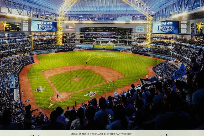 Muestra del nuevo estadio de los Rays de Tampa Bay al ser presentado en una rueda de prensa, el martes 19 de septiembre de 2023, en San Petersburgo, Florida.