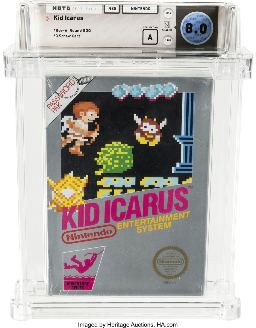 En esta imagen cortesía de Heritage Auctions, aparece una copia cerrada del videojuego clásico de Nintendo de 1987, Kid Icarus, perteneciente a Scott Amos, de Reno, Nevada.&nbsp;