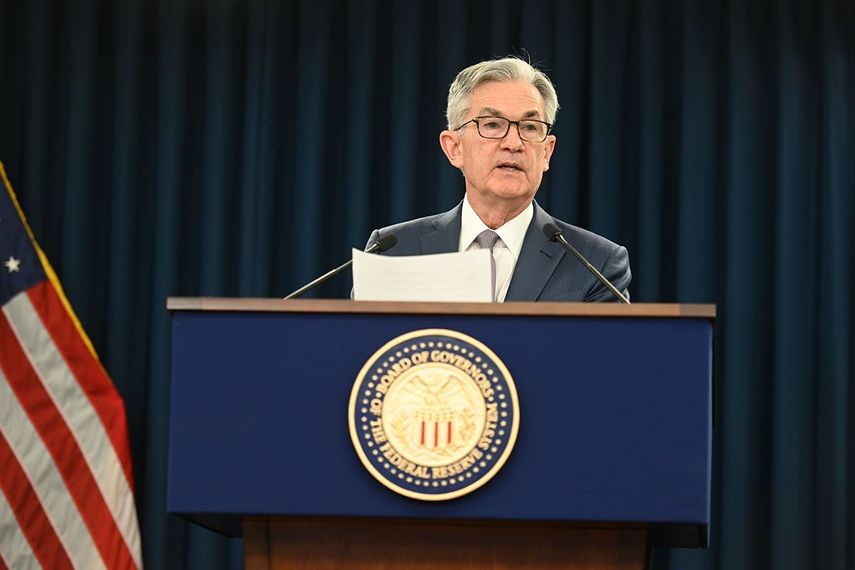 El presidente de la Fed, Jerome Powell, en una rueda de prensa extraordinaria celede   