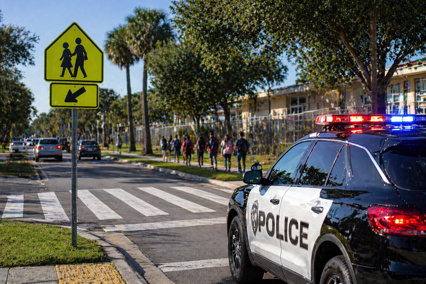Escena de un cruce peatonal en horario escolar.