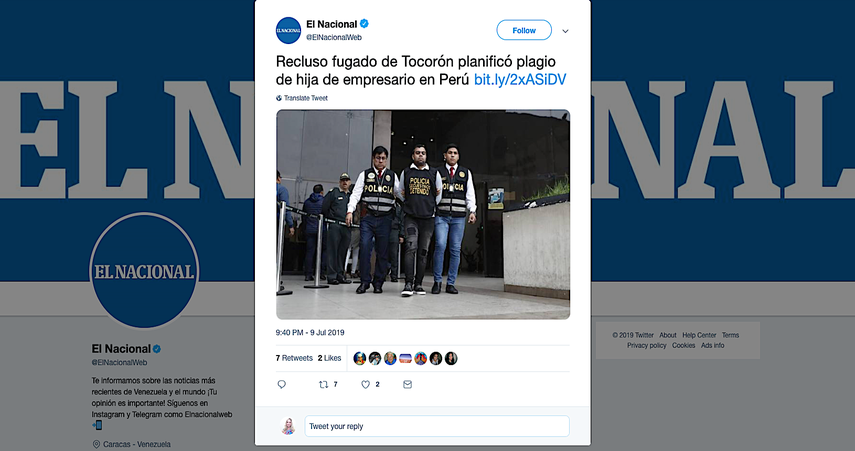 Captura de pantalla de la cuenta de Twitter del diario El Nacional.&nbsp;