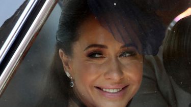 En esta foto de archivo tomada el 18 de mayo de 2018, la estilista de moda canadiense Jessica Mulroney llega a la ceremonia de boda del príncipe Harry y Meghan Markle en la Capilla de San Jorge, el Castillo de Windsor Windsor.