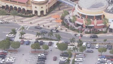 Autos de la Policía aparecen en las inmediaciones de la entrada principal del Dolphin Mall, en la ciudad de Sweetwater, al oeste de Miami, donde se reportó un hombre herido por arma blanca.