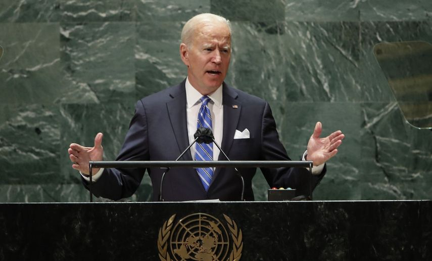 El presidente estadounidense Joe Biden habla en la 76ta sesión de la Asamblea General de las Naciones Unidas en la sede de la ONU en Nueva York, martes 21 de setiembre de 2021.&nbsp;