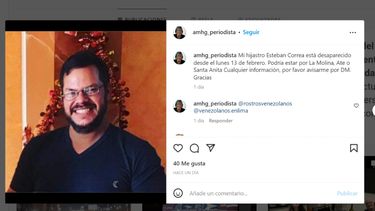 Captura de pantalla de la fotografía de Esteban Manuel Correa Morantes,desaparecido desde el pasado 13 de febrero en Lima, Perú.&nbsp;