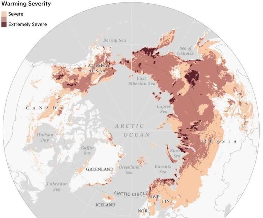 Mapa de áreas que experimentaron estrés climático en los ecosistemas de la región ártico-boreal entre 1997 y 2020, según lo detectado por múltiples variables, incluidos datos satelitales y registros de temperatura a largo plazo.&nbsp;