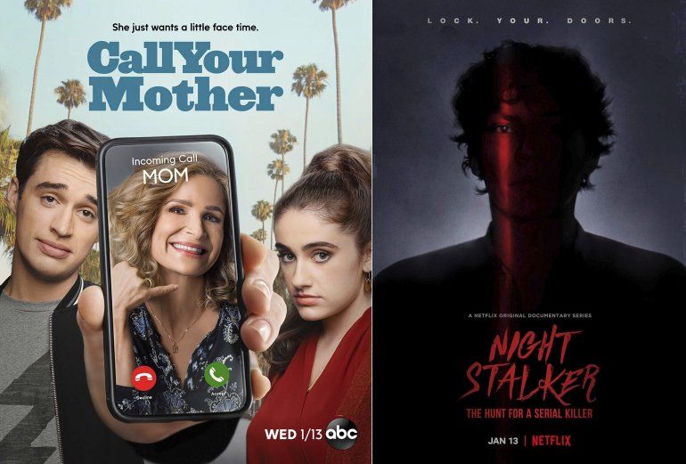 Esta combinación de fotos muestra el arte de la serie "Call Your Mother" que se transmite en ABC el míercoles, izquierda, y la serie documental "Night Stalker: The Hunt for a Serial Killer" que se estrena el 13 de enero en Netflix.