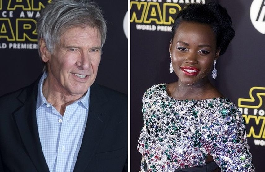 Los actores Harrison Ford, Lupita NyongO en la alfombra roja en Los Angeles en el estreno mundial de Star Wars: The Force Awakens. (CORTESÍA)