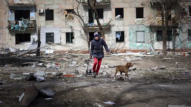 Un hombre camina con su perro cerca de un edificio dañado por proyectiles a las afueras de Mariúpol, Ucrania, en territorio controlado por el gobierno separatista de la República Popular de Donestk el martes 29 de marzo de 2022.&nbsp;
