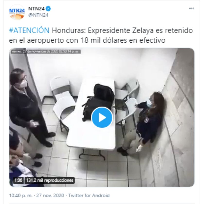 Captura de pantalla del video difundido en la red social Twitter sobre la detención del expresidente de Honduras, Manuel Zelaya.&nbsp;