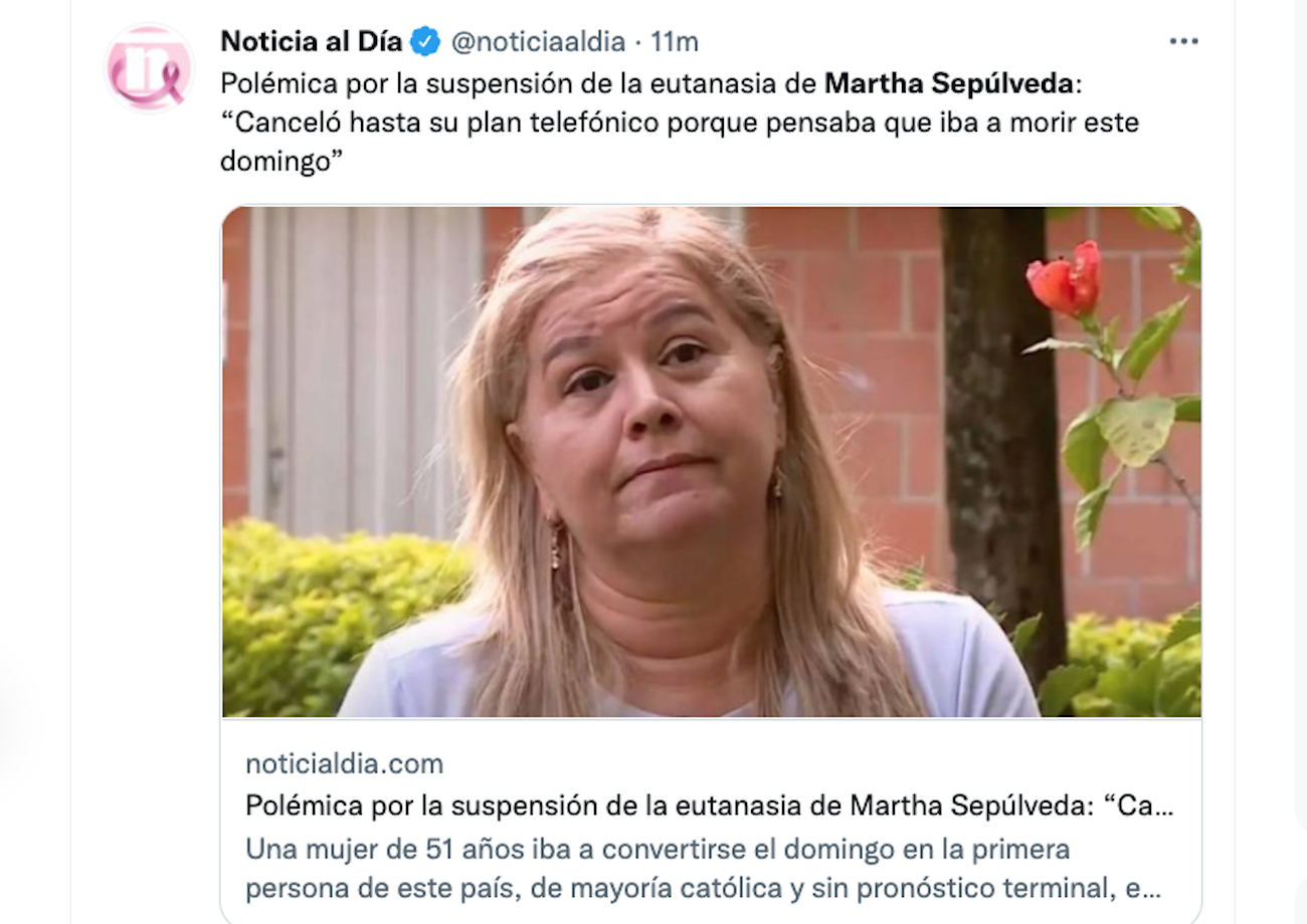 La colombiana Martha Sepúlveda, que tenía programada una eutanasia para este domingo 10 de octubre. La colombiana Martha Sepúlveda, que tenía programada una eutanasia para este domingo 10 de octubre.