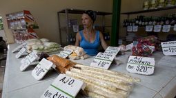 Roxana L&oacute;pez vende verduras en un puesto en La Habana, Cuba, en julio de 2019.