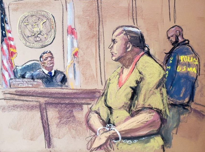 dibujo realizado por la artista Jane Rosenberg donde aparece Cesar Sayoc ante el juez.