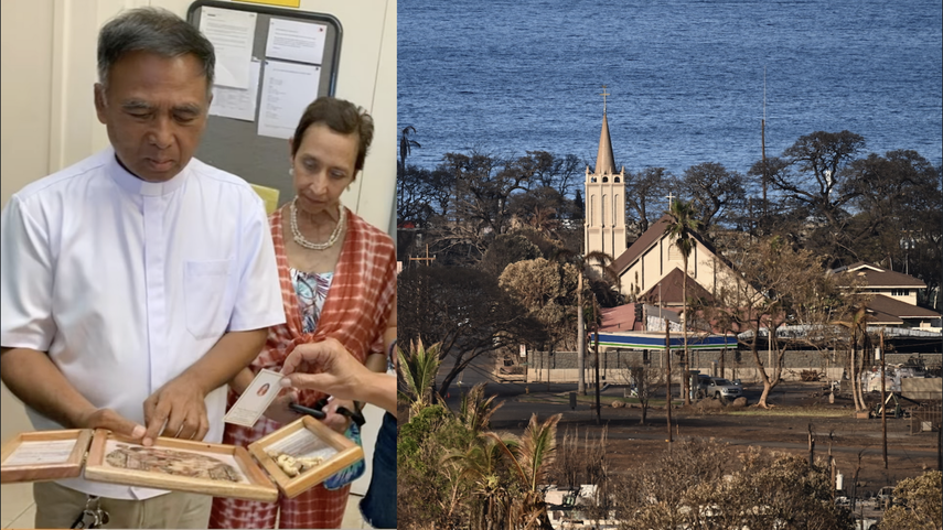Combinación de fotos publicadas por el grupo Bella Señora de Coromoto en Instagram y de AFP, donde se aprecia la Iglesia Lanakila, en Hawai.