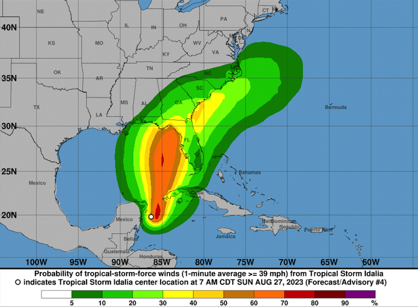Proyección de vientos de la tormenta tropical Idalia.