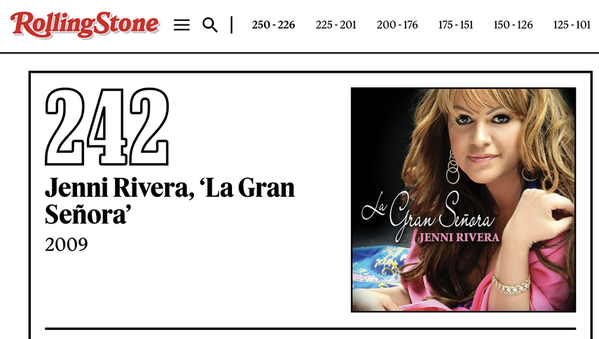 El disco La gran señora, de Jenni Rivera, destaca entre los mejores álbumes del siglo XXI en la revista Rolling Stone.