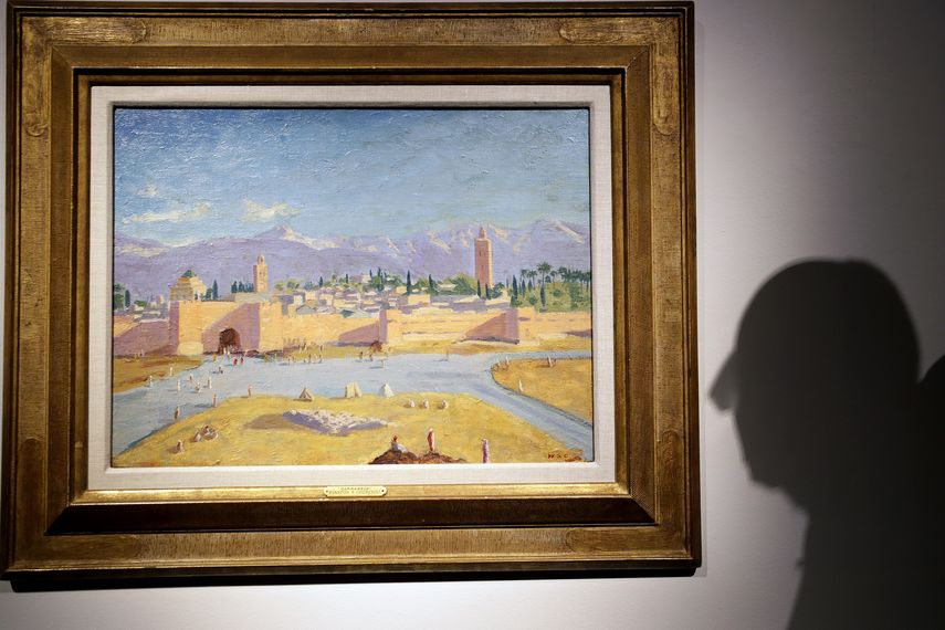 La pintura “Tower of the Koutoubia Mosque” (Torre de la mezquita Kutubía) de óleo sobre lienzo de Sir Winston Churchill Painted creada en enero de 1943 es presentada en casa de subastas Christies en Londres, el viernes 29 de enero de 2021.&nbsp;