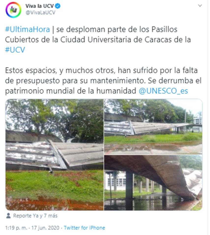 Mensaje enviado por las redes sociales sobre el desplome del pasillo.&nbsp;