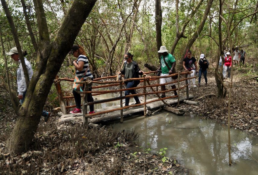 Turistas realizan una ruta ecológica cerca al pueblo de palafitos Nueva Venecia, en Colombia.