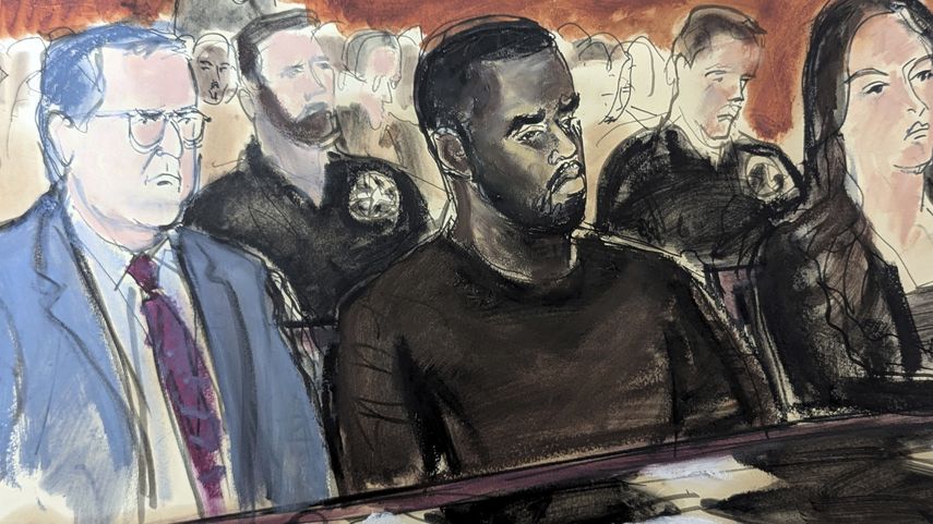 En este boceto de la sala del tribunal, Sean Diddy Combs, en el centro, está flanqueado por su abogado defensor Marc Agnifilo, a la izquierda, y Teny Garagos, en el Tribunal Federal de Manhattan, el 17 de septiembre de 2024, en Nueva York.