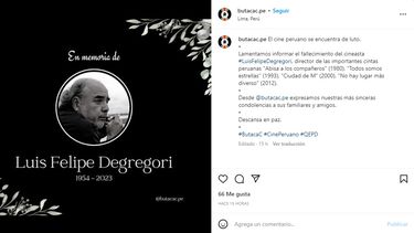 Muere el cineasta peruano Luis Felipe Degregori.