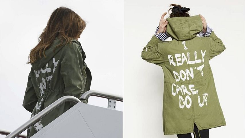 Imágenes como esta inundaron las redes sociales sobre la gabardina usada por la primera dama, Melania Trump, para su viaje a los campamentos de niños inmigrantes en Texas.