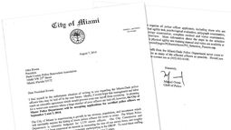 Reproducción de carta enviada por Manuel Orosa, director de la Policía de la Ciudad de Miami, a John Rivera, presidente del sindicato de Policía del Condado. (Cortesía)