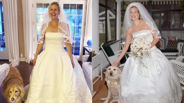 En esta imagen combinada, Elizabeth Cole aparece con su vestido de novia junto a su perra Holly en su casa de Lake Geneva, Wisconsin, el 26 de mayo de 2020, a la izquierda, y Cole con el mismo vestido con su perro McGee el día de su boda, el 26 de mayo de 2001.&nbsp;