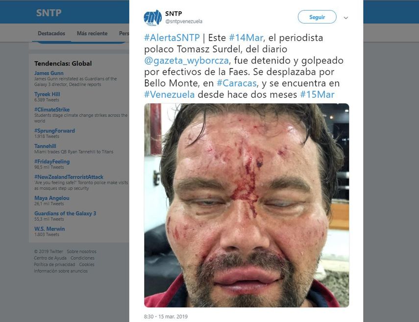 El Sindicato Nacional de Trabajadores de la Prensa de Venezuela denunció que el periodista fue detenido y golpeado brutalmente.