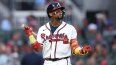 Ronald Acuña Jr. #13 de los Bravos de Atlanta reacciona tras ser ponchado en la tercera entrada contra los Tigres de Detroit en el Truist Park el 29 de abril de 2026 en Atlanta, Georgia.&nbsp;