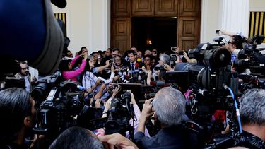 Imagen tomada por el fotorreportero Leonardo Muñoz el 29 de enero de 2019 durante una comparecencia del presidente encargado de Venezuela, Juan Guaidó.
