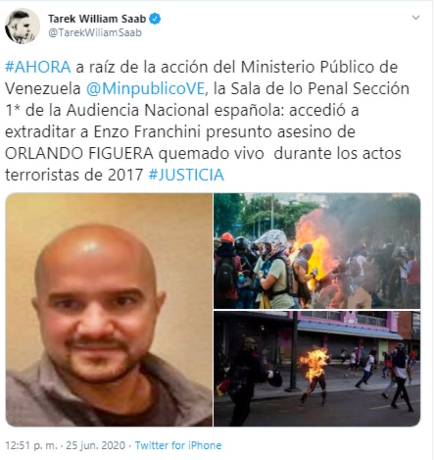 Mensaje enviado por el Fiscal General de Venezuela, Tarek William Saab, al conocerse la noticia de la&nbsp;extradici&oacute;n de Enzo Franchini a Venezuela.