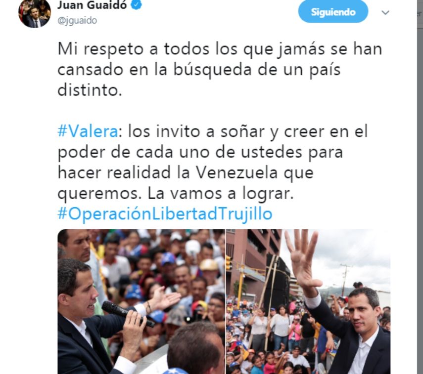 Captura del mensaje enviado por el presidente interino de Venezuela, Juan Guaidó, durante su recorrido por Trujillo.&nbsp;