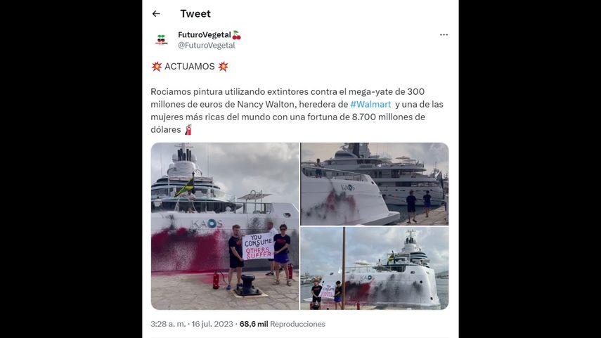 Rocían pintura a yate de la multimillonaria estadounidense Nancy Walton.