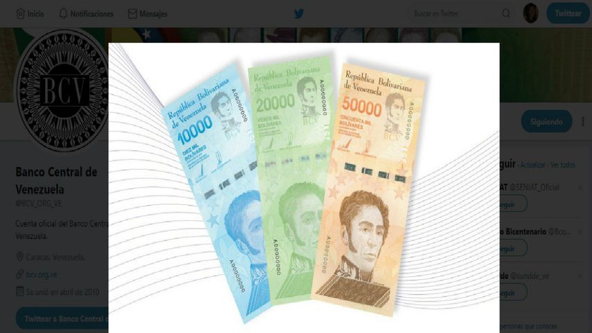 Las nuevas piezas de 10.000, 20.000 y 50.000 bolívares -equivalentes a 1,62; 3,25 y 8,14 dólares, respectivamente, según el cambio oficial de este miércoles- comenzarán a circular paulatinamente.