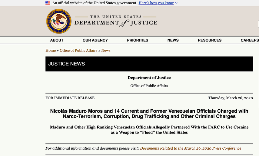 Comunicado del Departamento de Justicia de EEUU donde se reportan cargos criminales, de narcoterrorismo y tr&aacute;fico de drogas del dictador Nicol&aacute;s Maduro y otros altos cargos de Venezuela.&nbsp;